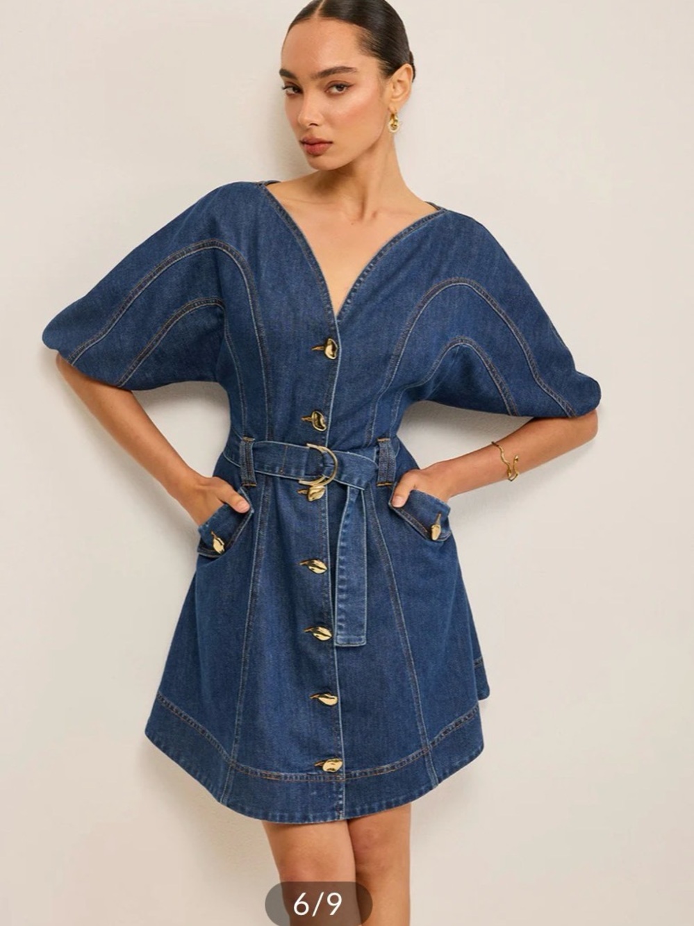 Commense Indigo Denim Mini Dress with Gold Buttons
